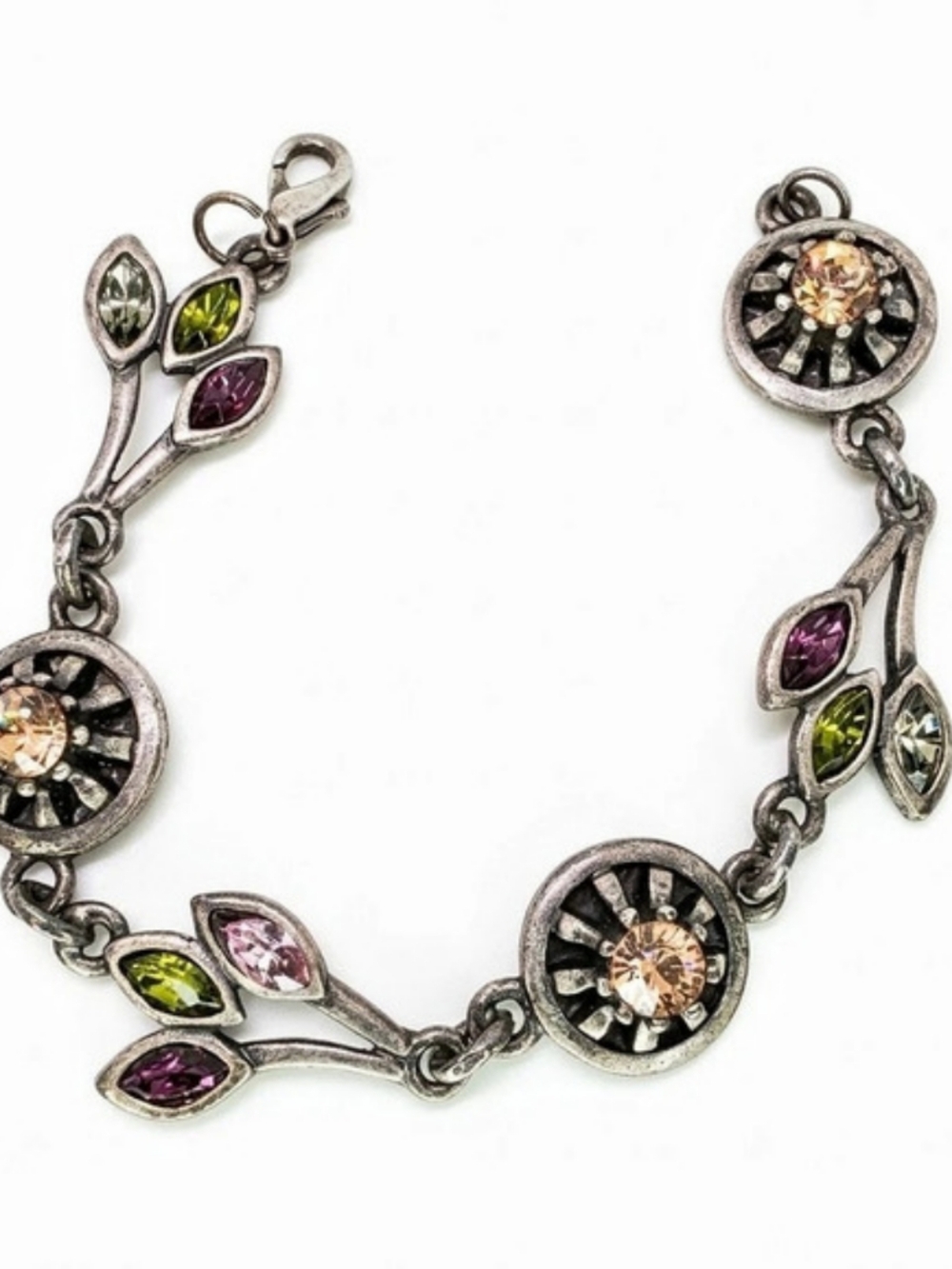 Chicos Vtg Pewter Crystal Flower Leaf Link Tennis Bracelet Fairycore Garden Boho
